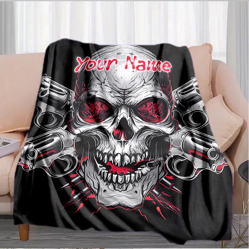 1PC Custom Name Skull Guns Artwork Flannel Blankets Patterns Throw Blanket All-Season Soft Gift for Couch, Bed, Camping Gifts