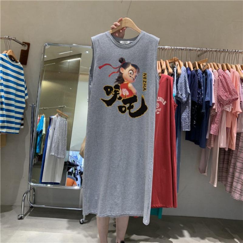 Women's Summer Cartoon Swing Sleeveless Tank Top with Halter Long T-shirt Dress