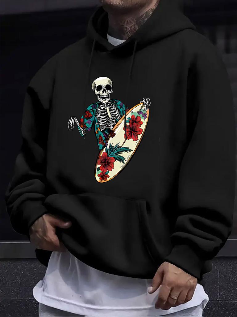 American European Style Unisex Fall Winter Print Hoodie Long Sleeve Sweatshirt, Skull Surfboard Floral Hooded Print Sweatshirt, Dark Cool Style, Hardc