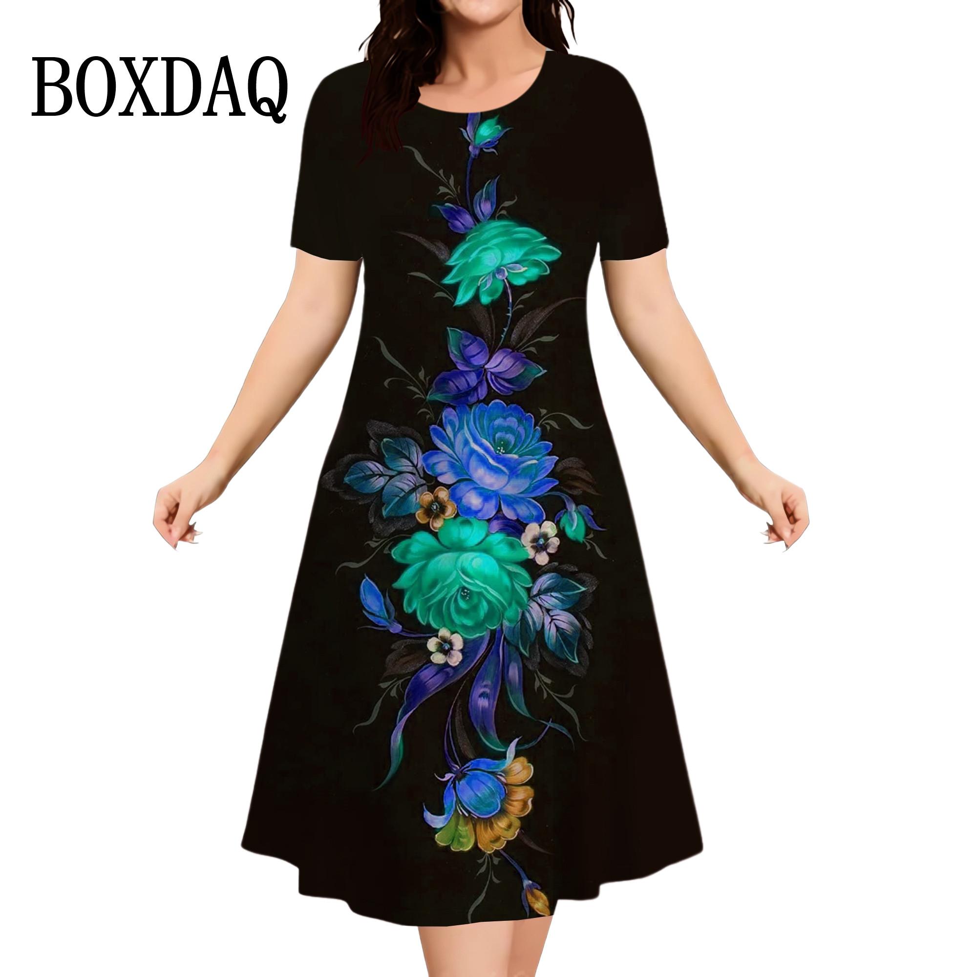 

Повседневная одежда на каждый день Платье с цветочным принтом Женское платье больших размеров с коротким рукавом Свободное платье Летняя мода Круглый вырез Уличное элегантное платье 6XL