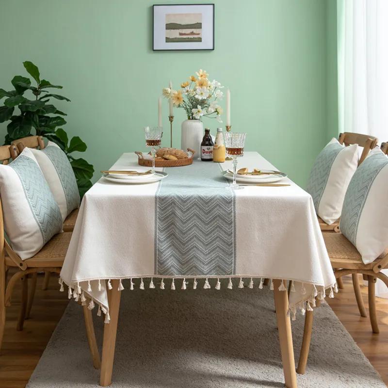Nordic Linen Geometric Wave Pattern Embroidered Deer Tablecloth Square Multifunctional Cover Cloth