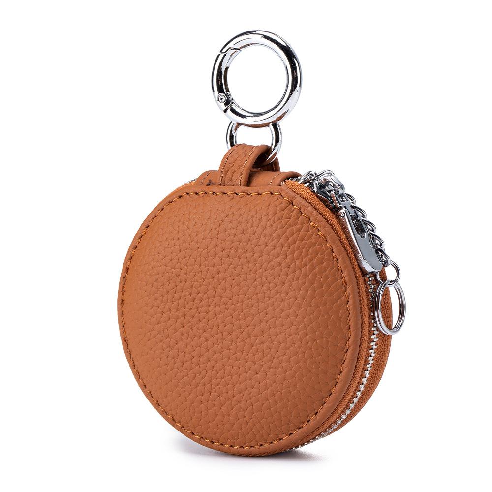 New Head Layer Leather Portable Lipstick Storage Bag With Mirror Round Bluetooth Earphone Pouch Pendant Keychain Pendant Charm