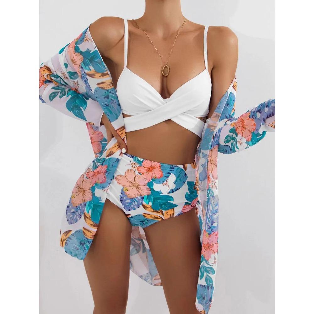European and American Bikini Sexy Push Up Mesh Three-Piece Printed Split Swimsuit