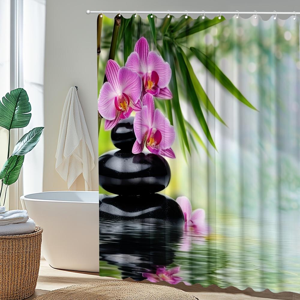 Pink Orchid And Zen Stones Shower Curtain Waterproof Easy To Clean Privacy Protection Print Spa Design Peaceful Nature 12Hooks