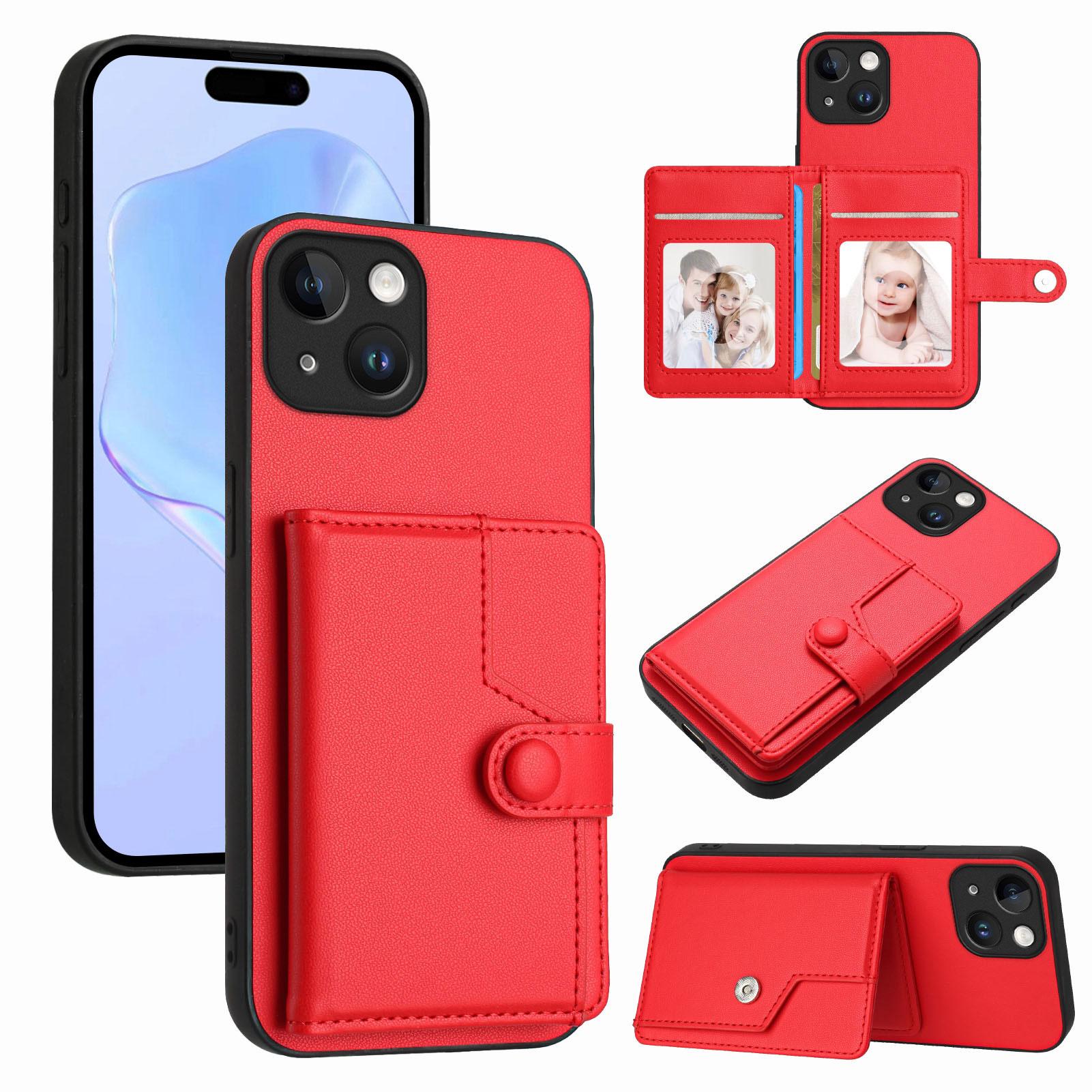 

For iPhone 15 Case RFID Blocking Card Holder Kickstand TPU+PU Leather Phone Back Cover Red