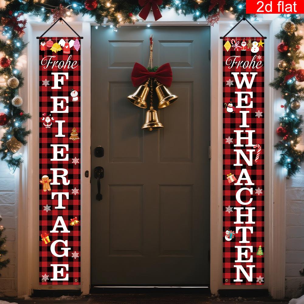 2D Flat, 2D Flat Banner, 1 Pair German Christmas New Year Porch Decoration Banners,, Christmas Holiday Red Checkered Background Pattern, Suitable for