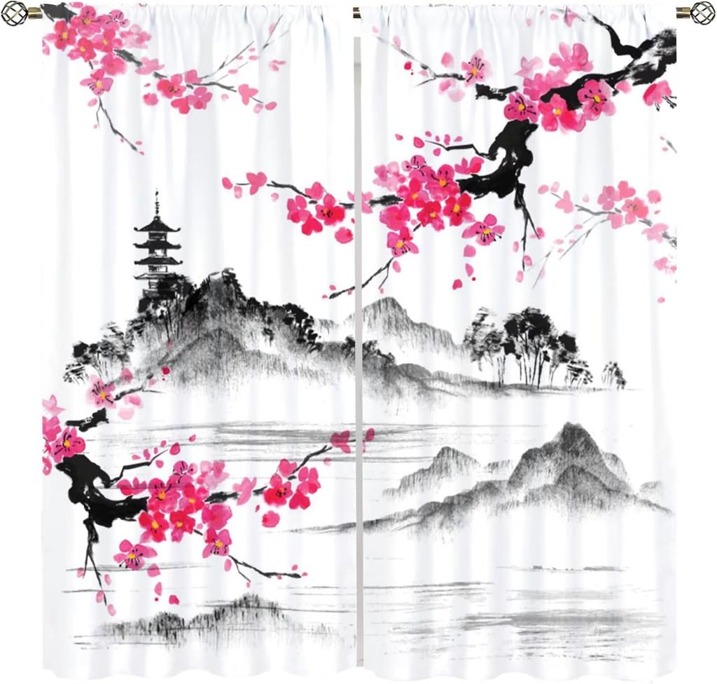 Moderne Japanische Vorhänge Glückskatze Berg Fuji Kirschblüten Traditionelles Muster Dekor Vorhänge für Schlafzimmer Wohnzimmer