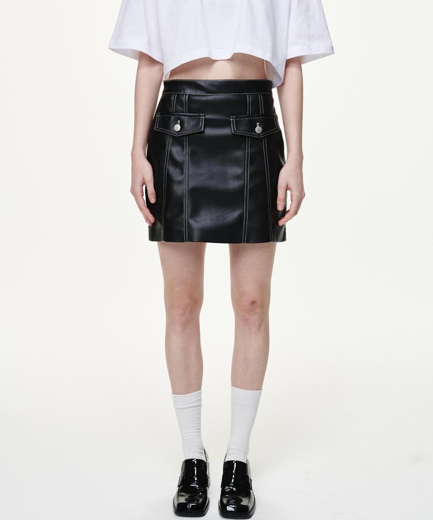 Bikwaieos Faux Leather Pocket Mini Skirts_Black
