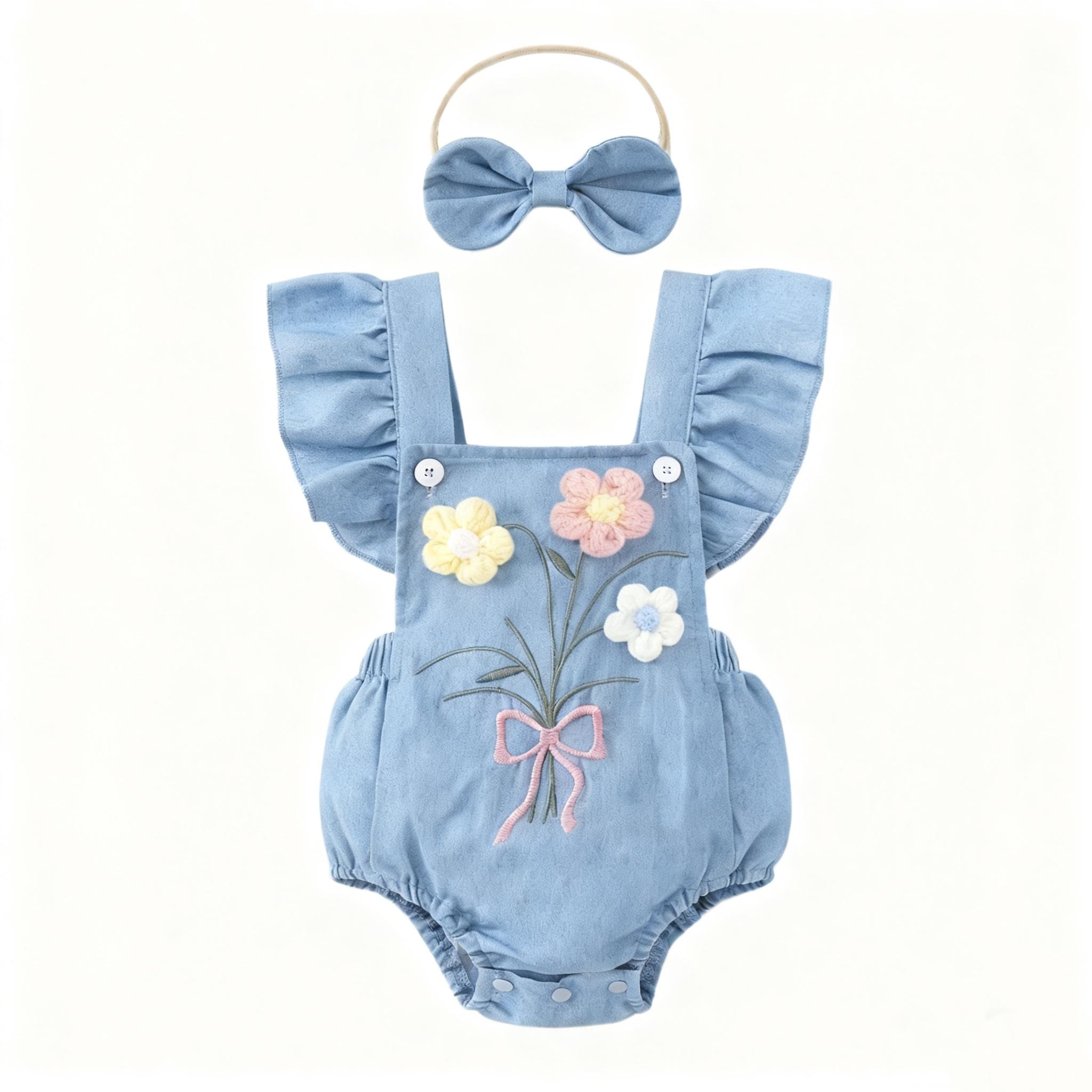 Salopette Romper en Denim Doux pour Bébé Fille, Broderies Florales 3D, Manches Volantes + Bandeau à Noeud, Ensemble Mignon 2 Pièces 9-12M bleu