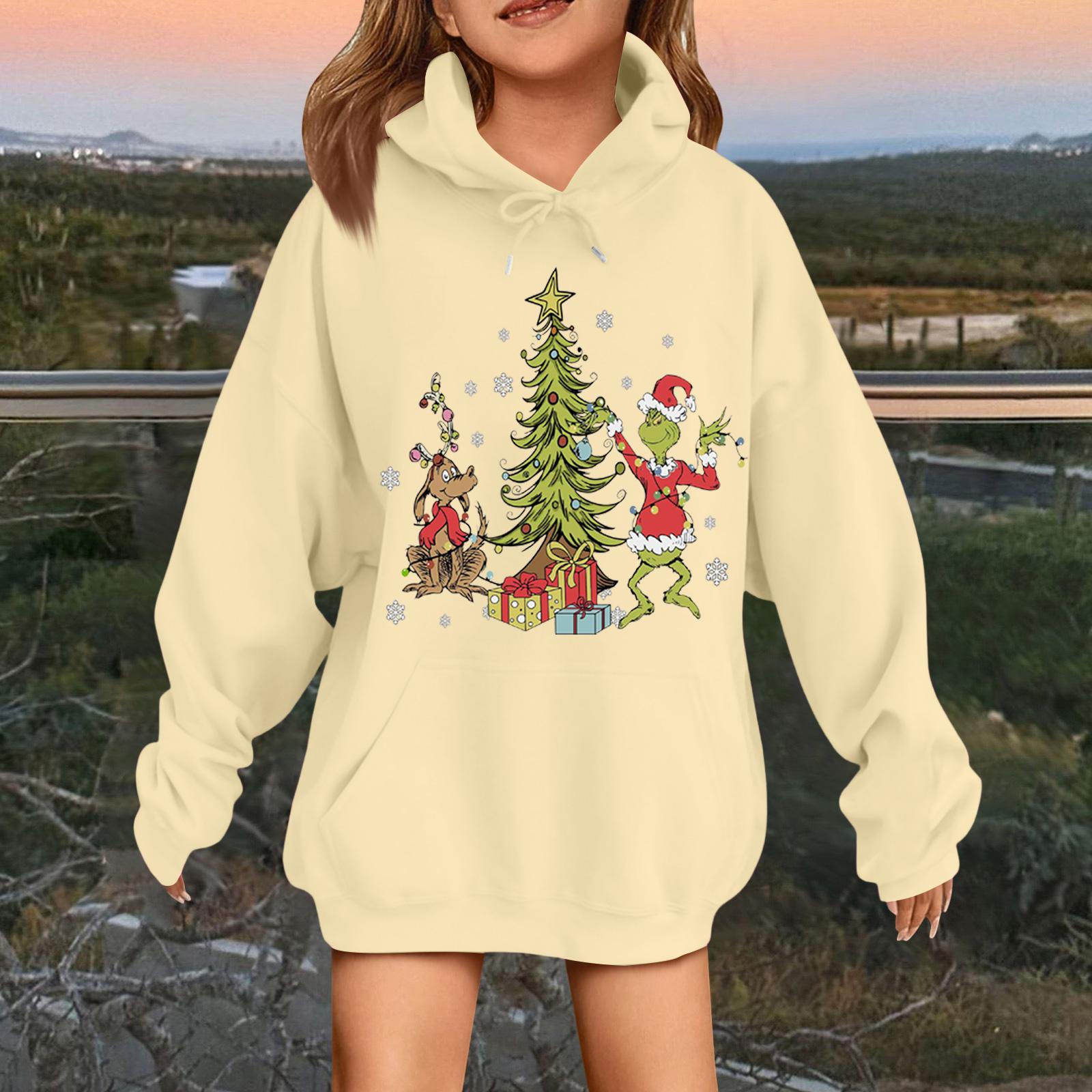 

Children s Fashionable Casual Long-sleeved Loose Christmas Print Pullover Hooded Sweatshirt 140 хаки