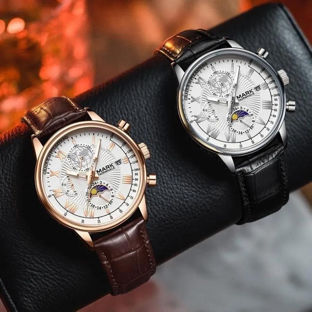 B350WC Moonphase Chronograph Quartz Movement Leather Wristwatch
