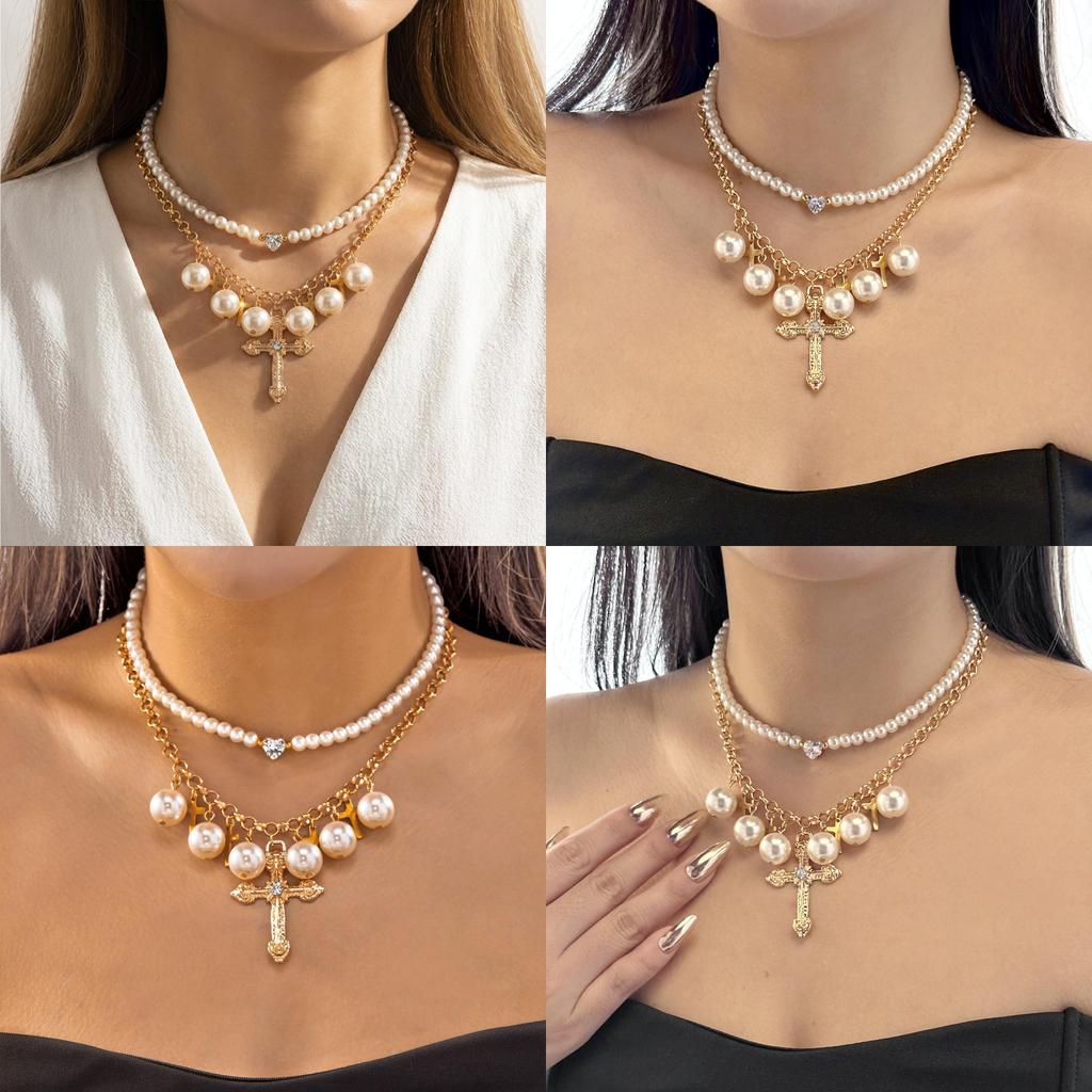 Cross Pendant Necklace Set With Faux Pearl Geometric Design For Women Winter 2025