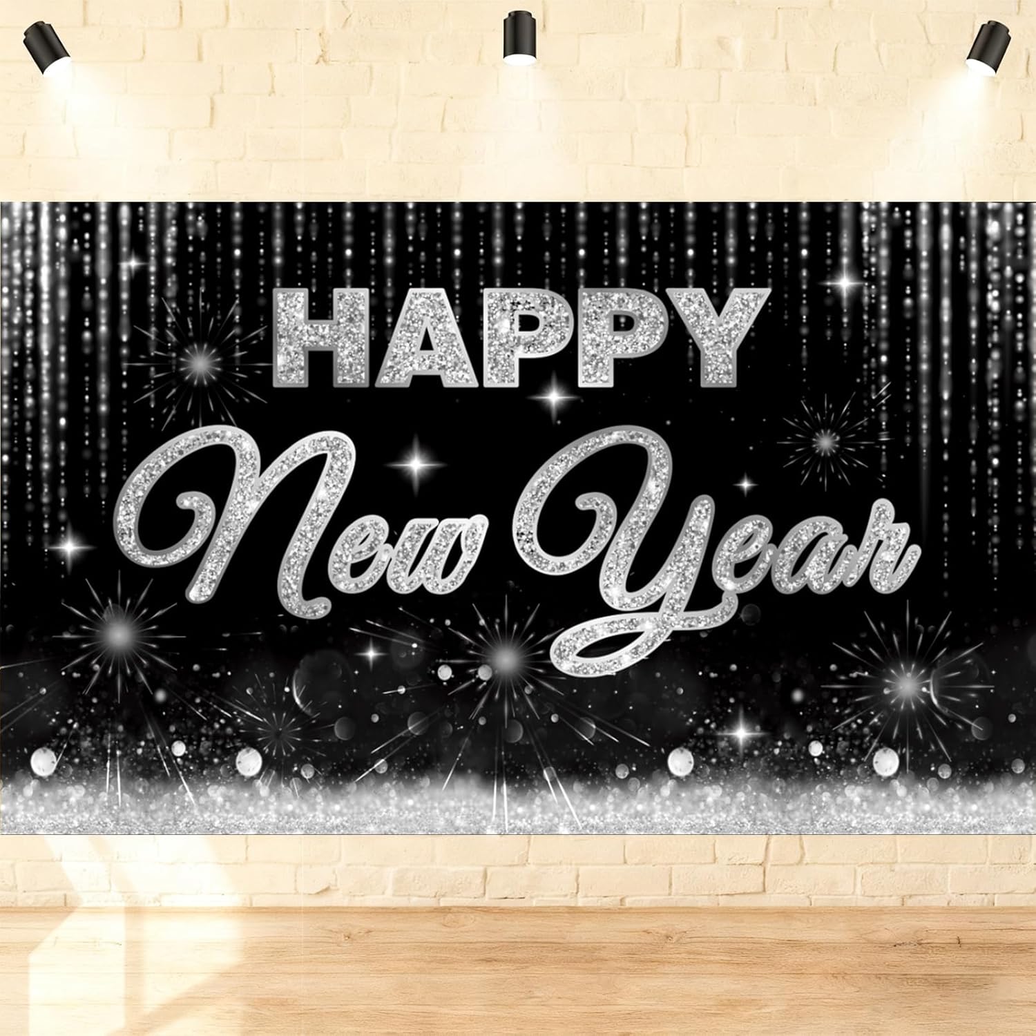 Silver Happy New Year Banner 2026 Large Happy New Years Backdrop Black Silver New Years Eve Party Decorations for 2026 Photography Backdrops Happy