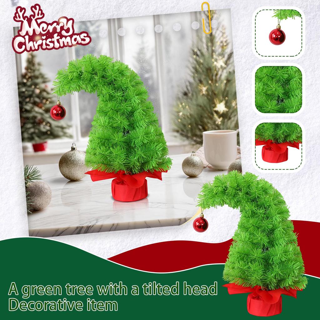 Green Christmas Tree Bent Plastic Tree, Artificial Christmas Desktop Home Decor Cloth Bag Base Wrapped For Indoor Desktop Decoration