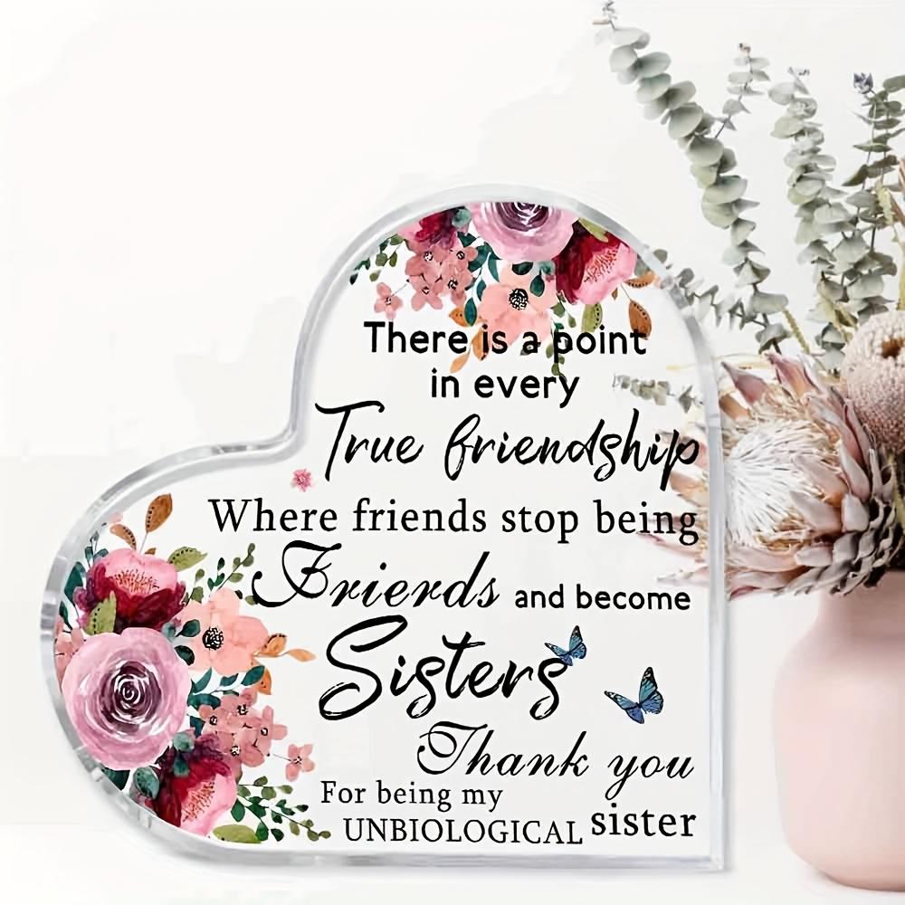 Heart-Shaped Sisterhood Keepsake - Pink & Red Roses Acrylic Plaque with "True Friendship To Sisters" Message, Unbiological Sister Gift for Birthday,
