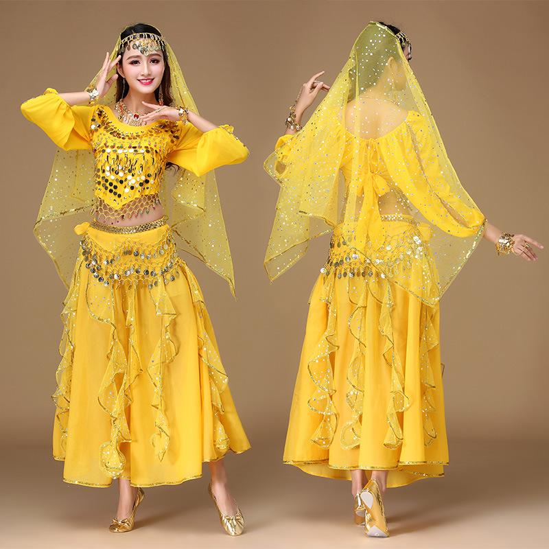 

Exotic Belly Dance Costume: New Ethnic Long Sleeve Skirt Set for Dance Performances Large