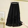 Women's Elastic High Waist Midi Skirt Loose Textured Fabric Irregular Layered Chiffon Cotton Linen Solid Color Casual Summer Half Skirt
