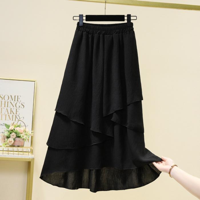 Women's Elastic High Waist Midi Skirt Loose Textured Fabric Irregular Layered Chiffon Cotton Linen Solid Color Casual Summer Half Skirt