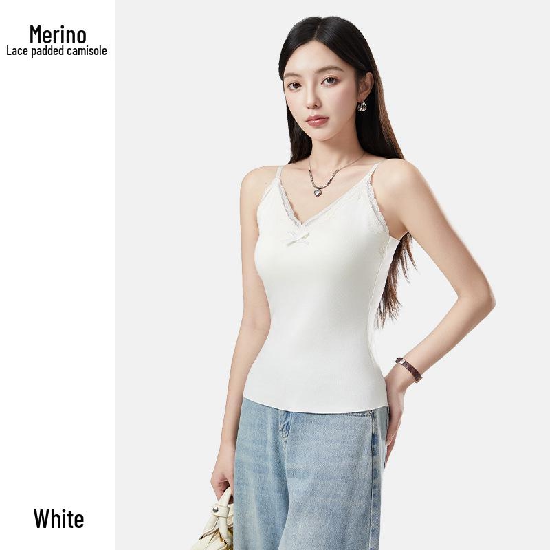 Women's Lace Camisole with Bow & Chest Pads - Warm Velvet-Lined Sleeveless Top for Autumn & Winter