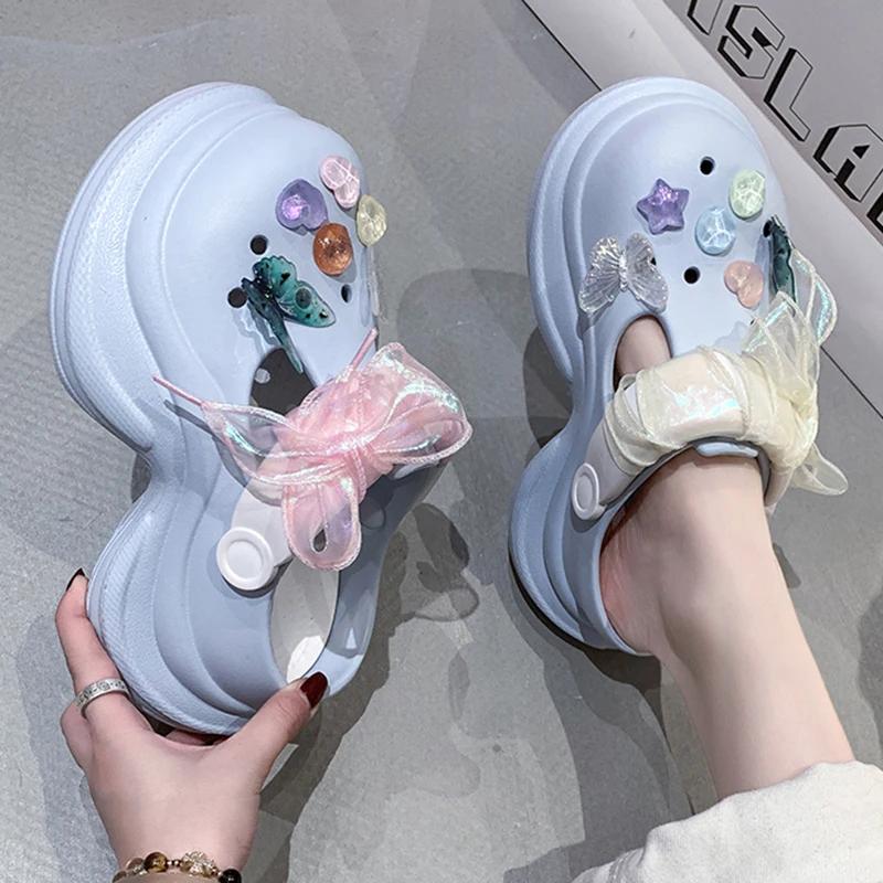 Fashion Lace Bow Chunky Platform Sandals for Women 2025 Summer Thick Bottom Eva Garden Slippers Woman Fashion Color Beads Beach Sandals