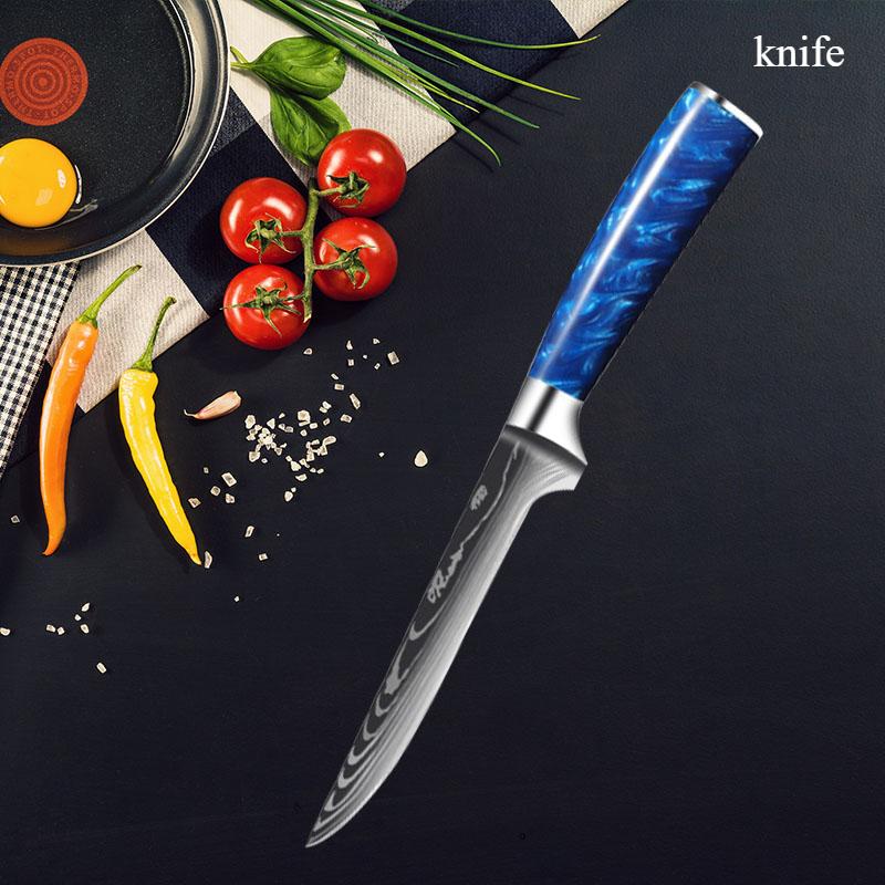 Kitchen Knife Set Chef's Knife Santoku Knife Cutting Butcher Knife Damascus Pattern Blue Resin Handle Utility Knife Paring Knives