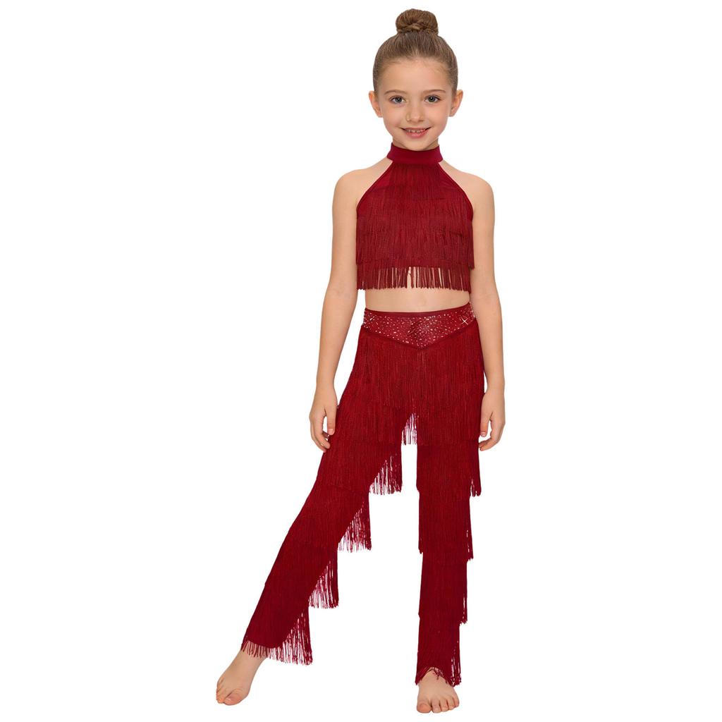 Children‘s Latin Dance Outfit Sleeveless Back Straps Crop Top Layered Tassels and Matching Elastic Waist Fringe Pants for Salsa Competition