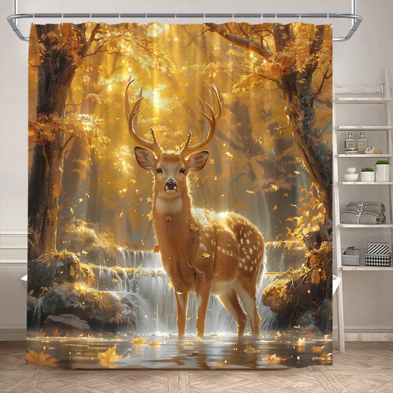Autumn Forest Elk Shower Curtain Rustic Red Maple Trees Waterfall Wild Animals Fall Landscape Bath Curtains Home Bathroom Decor