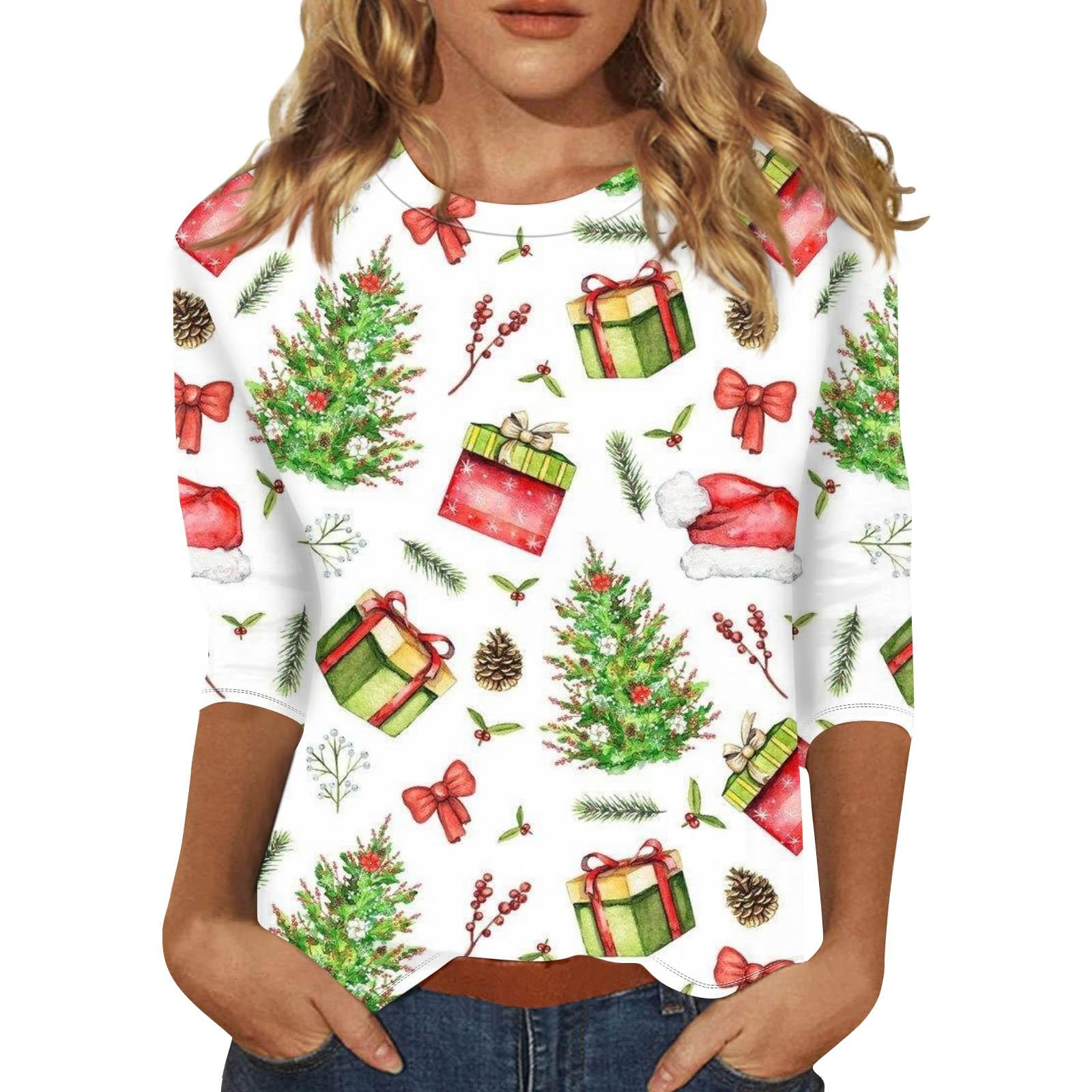 

Женская мода повседневная рубашка с круглым вырезом и рождественским принтом, семь рукавов XXL белый