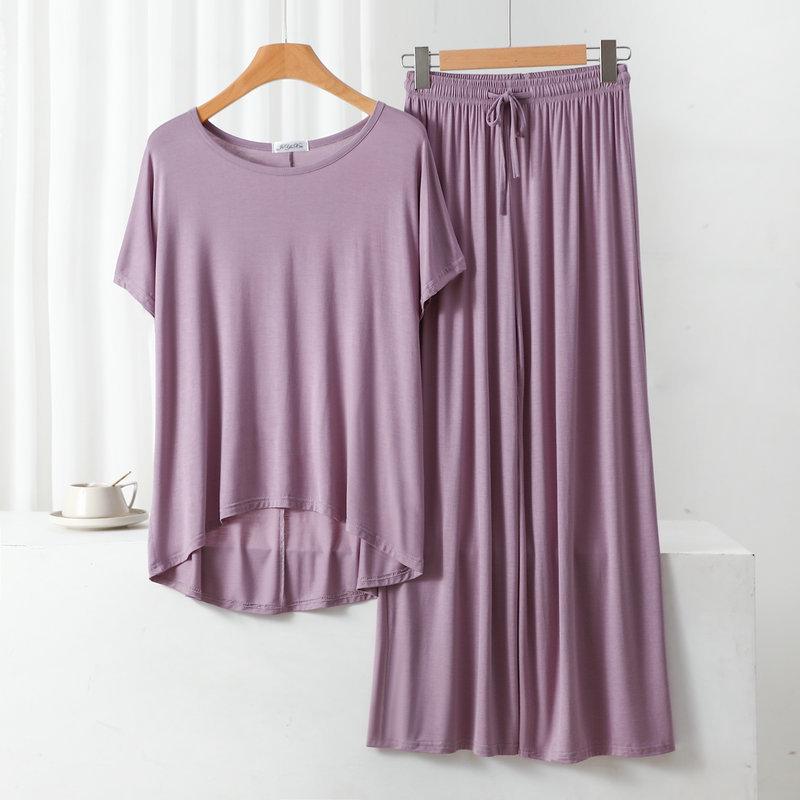 Damen Übergröße Freizeit-Pyjama-Set: Modal Rundhals Kurzarm Oberteil & Weitbeinige Hose