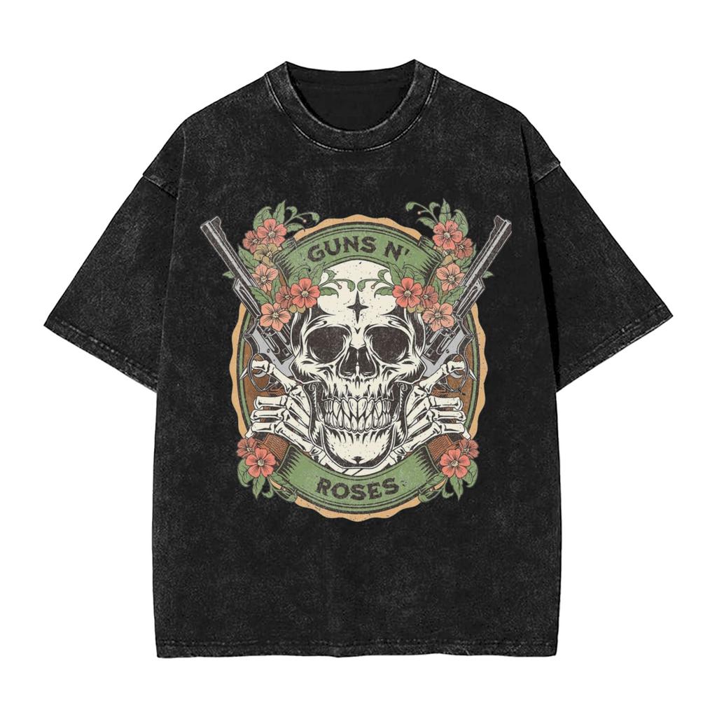 Guns N Roses Washed T Shirt Streetwear Hip Hop Retro T-Shirts Tee Shirt Men Women Cotton Street Printed