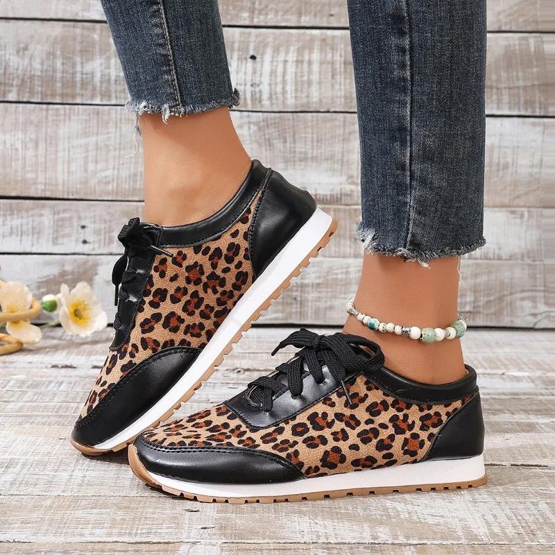 Fashion 2025 Hot Sale Ladies Shoes Lace-up Women's Vulcanize Shoes Fashion Leopard Print Plus Size Comfortable Outdoor Casual Shoes
