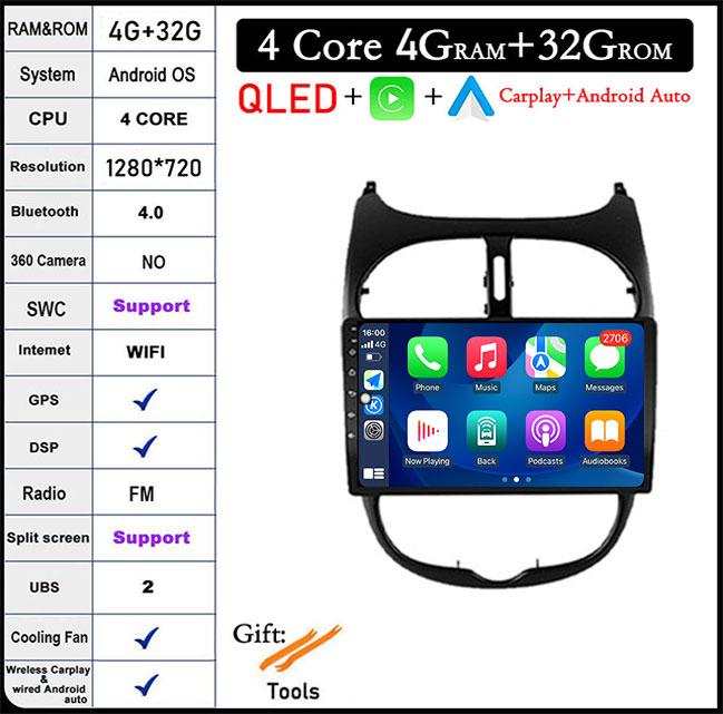 9'' For Peugeot 206 2001 - 2016 Screen/QLED Android 14 Car Radio Multimedia Video Player Navigation GPS 4GLTE 5G WIFI