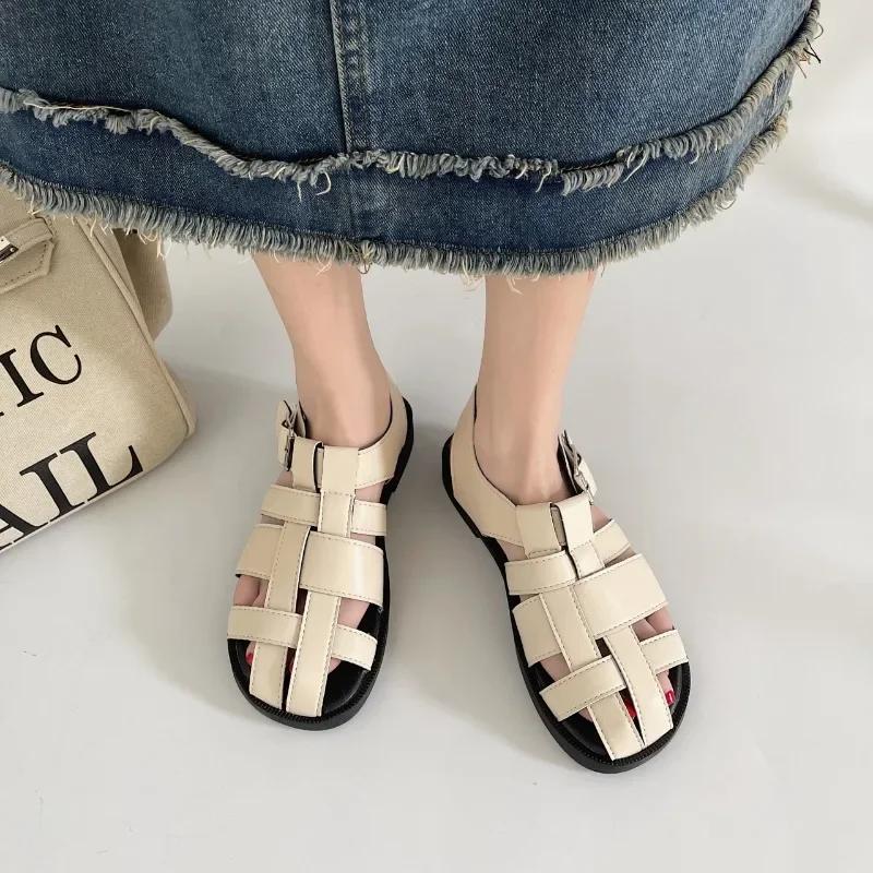 Roman Sandals Female 2024 Summer Retro Flat Bottom Baotou Casual Shoes Hollow Woven Low Heel Sandales Zapatos Para Mujeres