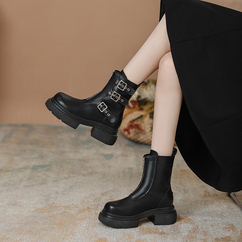 Platform Boots Internal Height Increasing Short Boots Womens Shoes Spring Autumn Single Boot British Style Motorcycle Boots