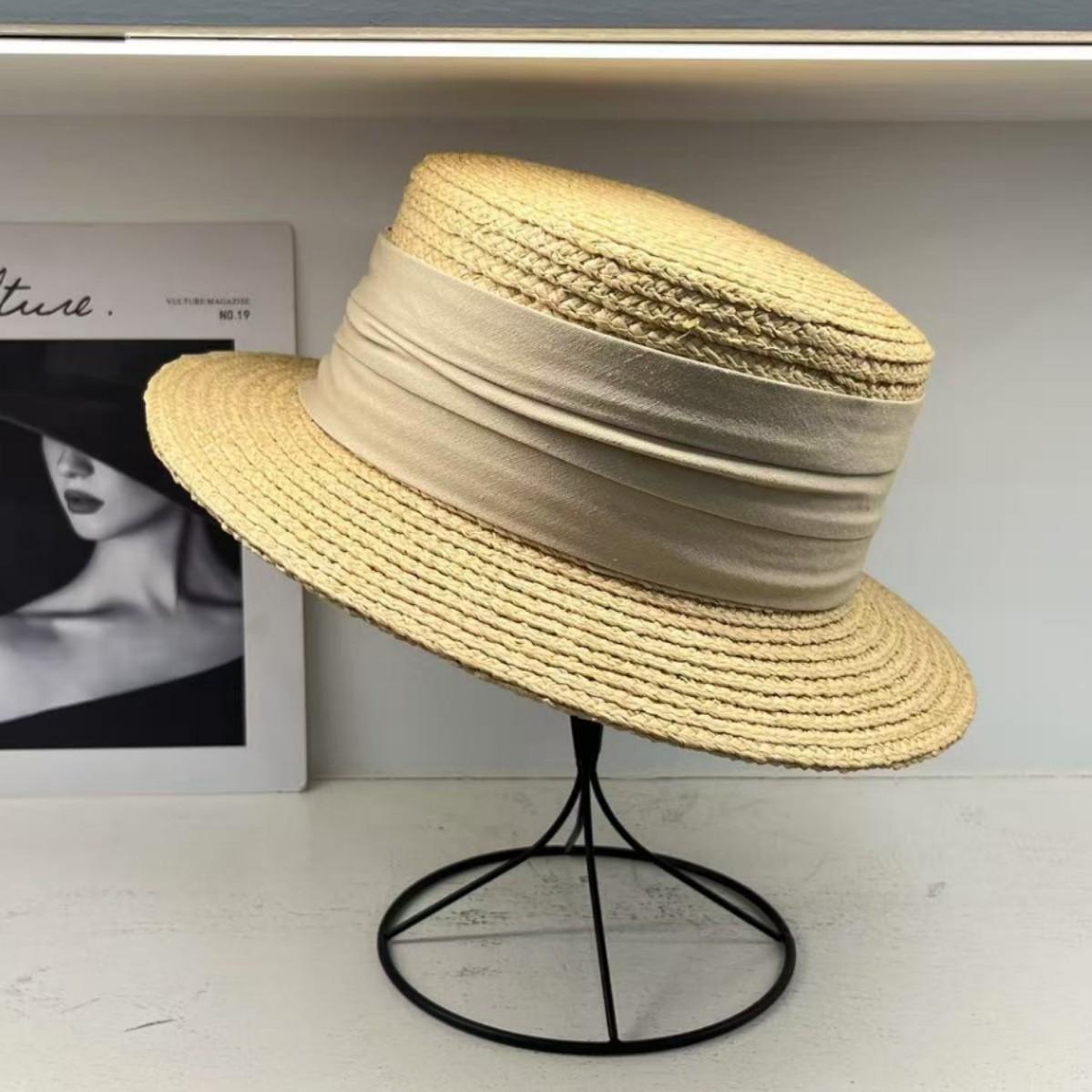 

ins French, raffia flat top straw hat women s summer sun protection elegant top hat beach vacation shade sun hat tide adjustable (55-58cm)