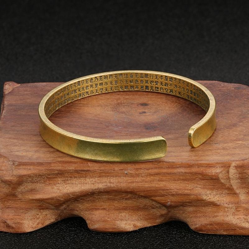 Vintage Brass Buddhist Mantra Bangle Adjustable Opening And Ancient Sanskrit Engravings Bracelet For Women And Men