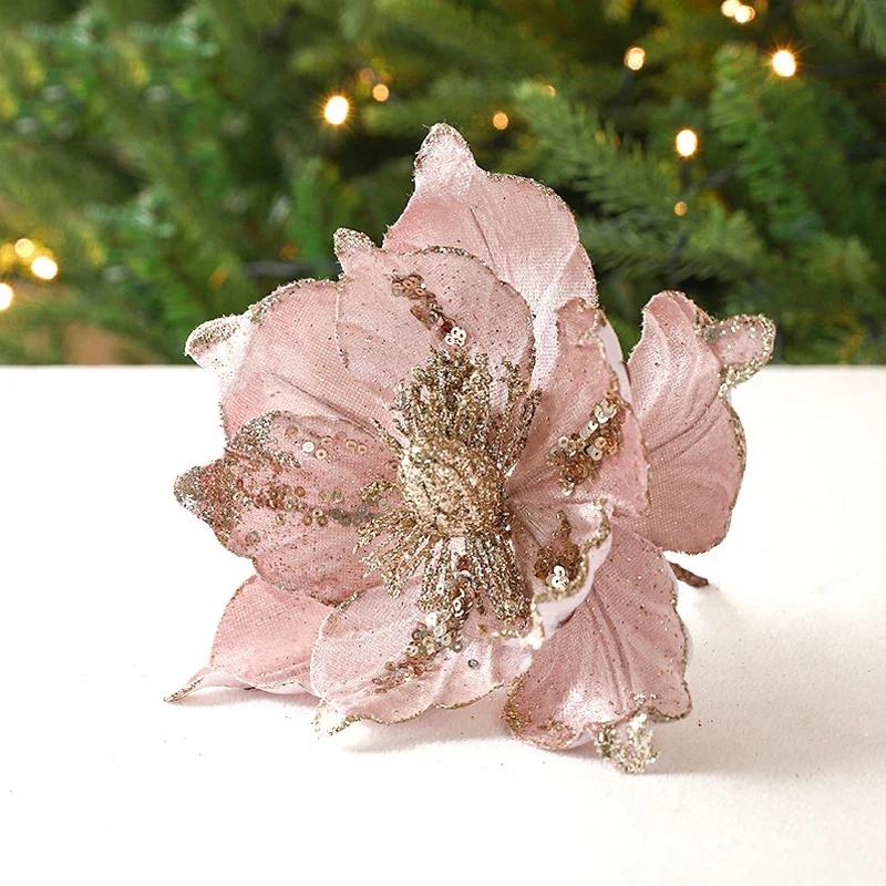 Christmas Flowers Glitter Artificial Flower Xmas Tree Hanging Ornaments DIY Garlands Home Wedding New Year Party Decoration Gift