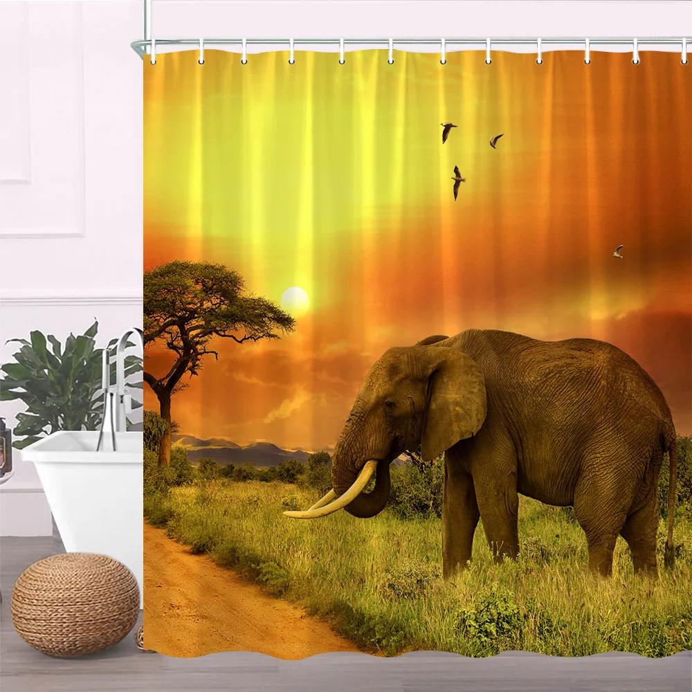 Art Elephant Shower Curtain Africa Wild Animal Black Fantasy Background Fabric Bathroom Decor Bathroom Accessories with Hooks