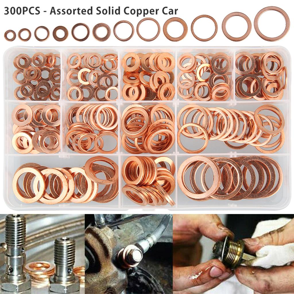 300Pcs Copper Washers M5-M20 O Ring Copper Gaskets Flat Ring Seal Kit Assortment Car Copper Sealing Ring with Storage Case