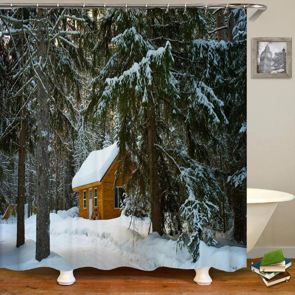 Natural landscape Snowflake Cedar Tree Shower Curtains Bathroom Curtain Frabic Waterproof Polyester Bath Curtain with Hooks