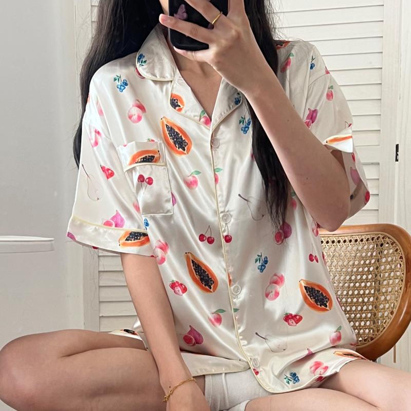 Sweet Girl Ice Silk Pajamas Women'S Summer Short-Sleeved Cardigan Fruit Paradise Printed Loungewear Set