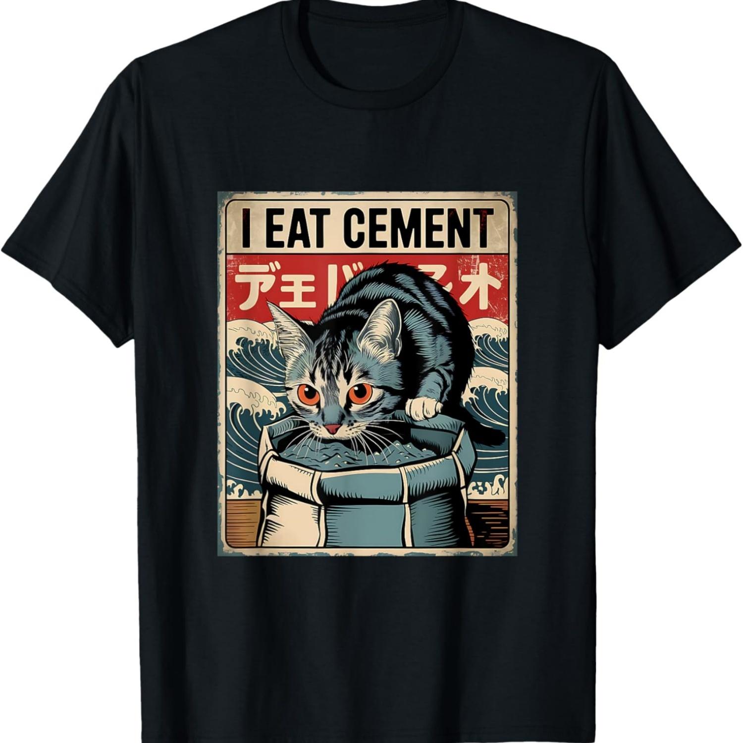 I Eat Cement Vintage Japanese Funny Cat Meme T-Shirt(4) S чёрный
