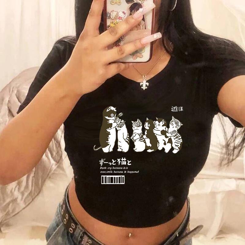Hip Hop Crop Top Y2k 90s Funny Cute Cat T Shirt Women Shirt Harajuku Graphic Ulzzang T-shirt 90s Tshirt Top Tee Female Cropped