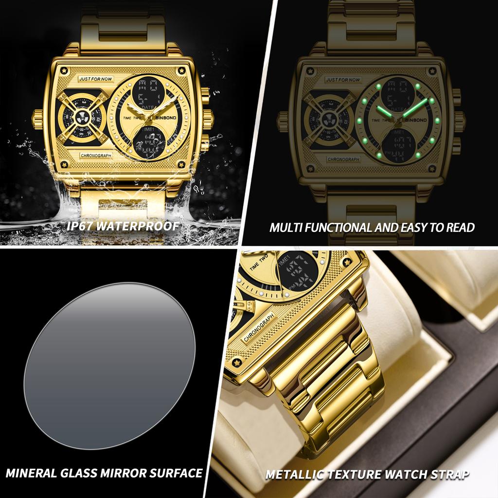 BINBOND Multi-Functional Precise Quartz Watches for Men Luxury Luminous Waterproof Men's Wristwatches