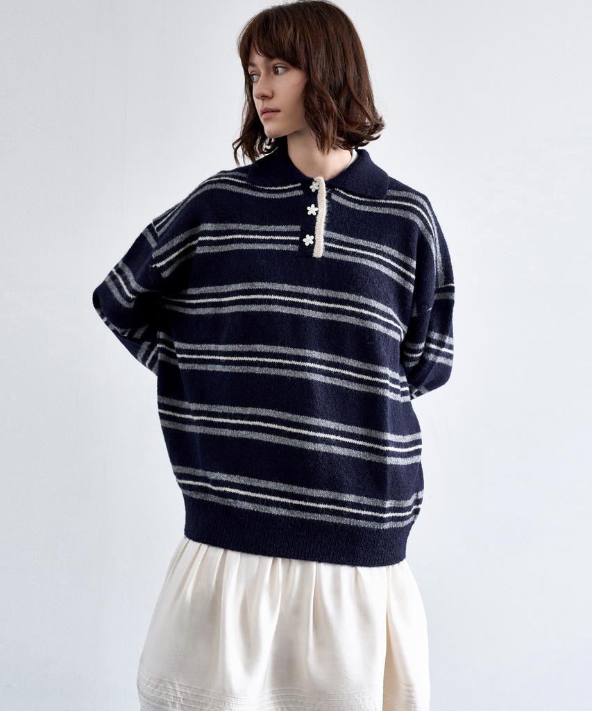 MITTE Wool Stripe Collor Knit_Navy Stripe