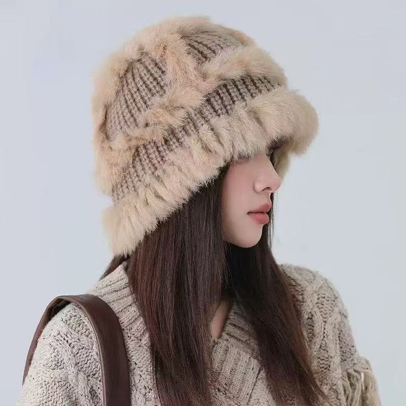 Plush Bag Head Showing Face Small Fur Bucket Hat Bag Face Knitted Hat Women'S Autumn And Winter Warm Wool Hat Cold