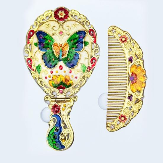 Vintage Folding Hand Mirror with Carved Comb Portable Travel Long Handle Metal Makeup Mirror Women Decorative Handheld Desk Vanity Mirror