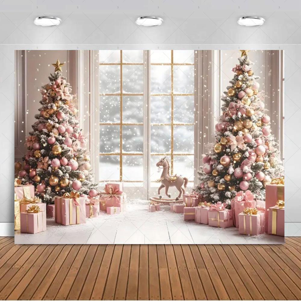 White Christmas Snow Scenery Background Xmas Tree Garland Gifts Photography Backdrop Family Xmas Party Decoration Photo Studio
