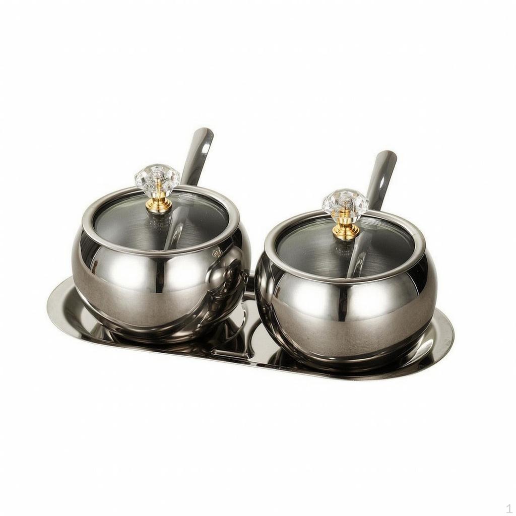 Stainless Steel Seasoning Container Set with Tray DustResistant ThreeCompartment Condiment Holder