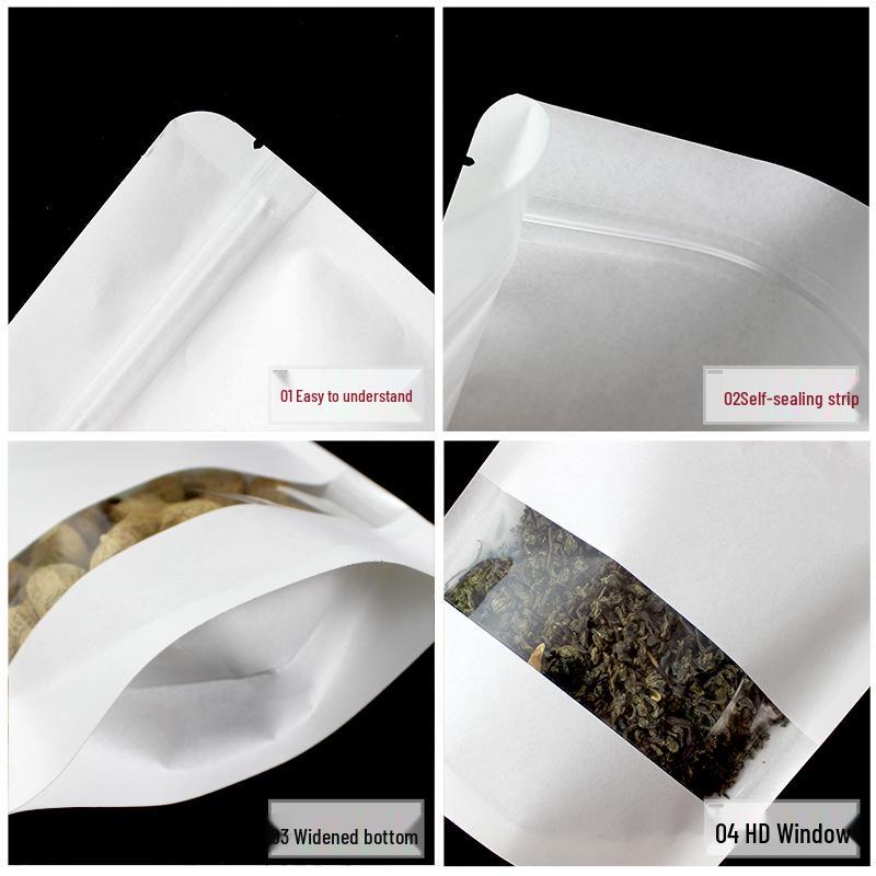 White Window Kraft Paper Bag - Resealable Stand-up Bag for Snacks and Tea
